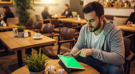 Young man browsing on tablet with green screen in a stylish coffee shop setting