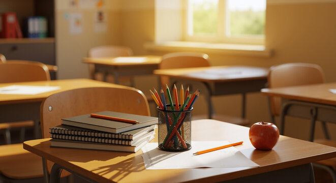 Classroom with empty desks and school supplies in foreground. Apple, books and glass with pencils. Back to school. Learning. Poster, wallpaper with space for copying
