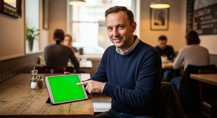 Cheerful man displaying tablet with green screen inside a cozy restaurant setting