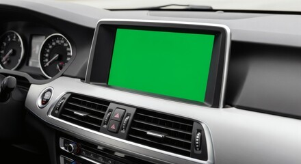 Modern car interior dashboard with blank green screen display ready for advertisement