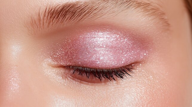 Close Up of a Glittery Pink Eyeshadow on a Closed Eye.