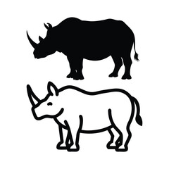 A black silhouette of a rhinoceros above a black outline drawing of a rhinoceros.