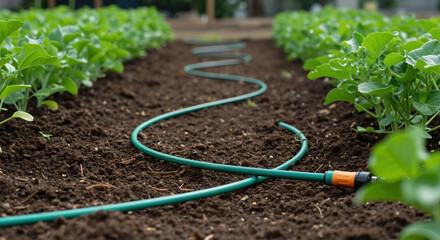 Green garden hose winding through vegetable rows with leafy plants growing in rich soil. Irrigation system and organic gardening watering concept