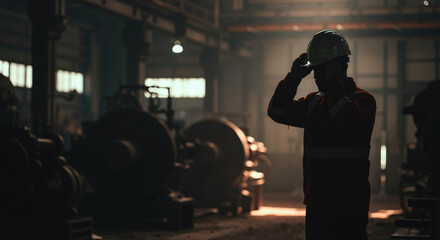 Industrial worker putting on safety helmet in dimly lit manufacturing facility with machinery background. Workplace safety and protective equipment concept
