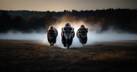 Trois bisons courant vers l'objectif, avec en arrière-plan un champ dégagé, poussiéreux et brumeux. 