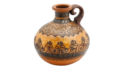 Roman glass-inlaid pottery flask with ornate design, Transparent background, PNG file