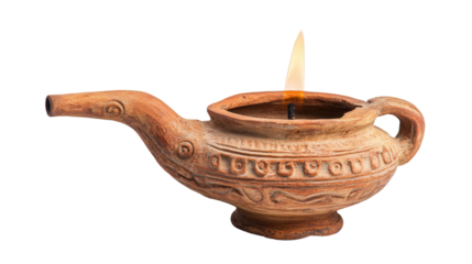 Roman terracotta oil lamp with decorated nozzle, Transparent background, PNG file