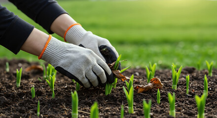 Hands in white gloves removing weeds from garden bed with green seedlings. Garden maintenance concept. Organic farming, plant care, weed control. Earth Day, gardening services, landscaping tools sale