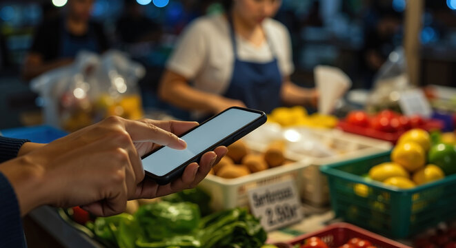 Hands using smartphone at night market with fresh vegetables. Mobile shopping concept. Digital payment, grocery shopping, food delivery apps. Market vendors, mobile commerce sale