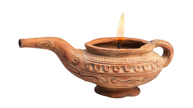Roman terracotta oil lamp with decorated nozzle, Transparent background, PNG file