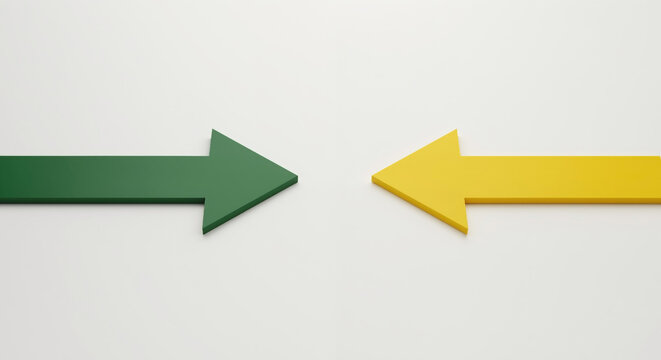 Green yellow arrows pointing opposite directions on white background. Decision choice. Business strategy, directional guidance, conflict resolution. Consulting services, decision making tools sale