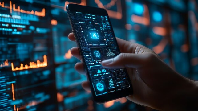 AI search tech concept: Businessman using mobile smartphone with AI search engine bar for data search optimization by artificial intelligence technology.