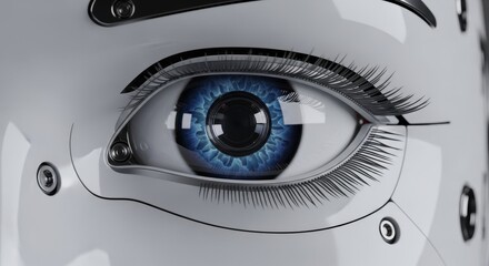 Futuristic Robotic Eye with Blue Iris and Metallic Facial Framework in High Detail