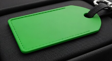 Close-up of a vibrant green luggage tag against a textured black fabric surface revealing subtle
