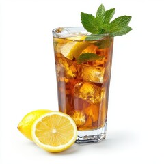 Cold iced tea with mint leaves and lemon wedges in a tall glass, isolated on white background.