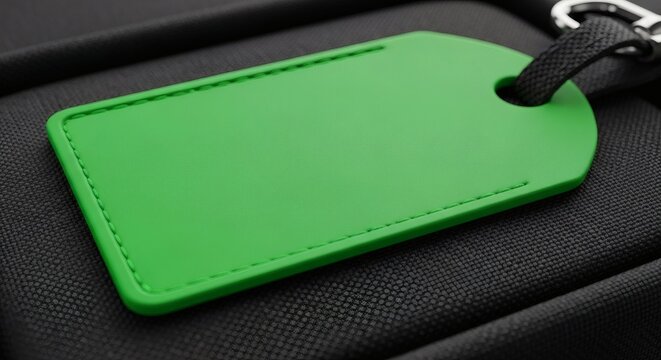Close-up of a vibrant green luggage tag against a textured black fabric surface revealing subtle