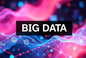 Abstract big data banner with icons representing research, database, storage, volume, and analysis, futuristic, growth