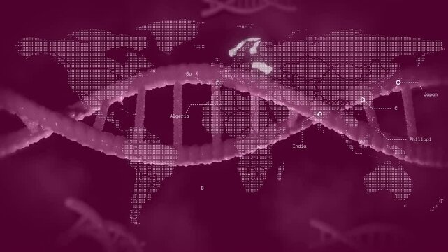Glow starting over Brazil and DNA helix shifting pulse moving across continents showing data labels