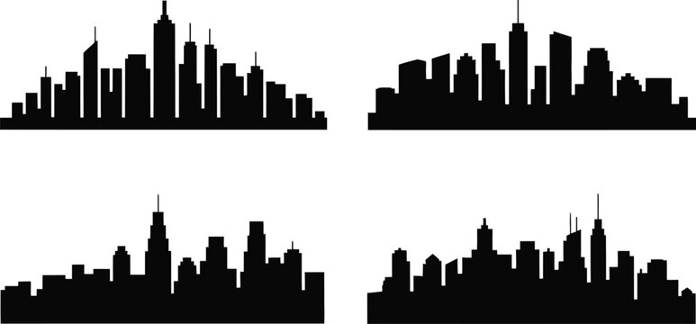 Black silhouette of city skylines collection of urban cityscapes on white background