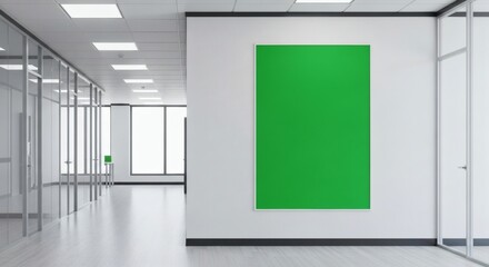 Minimalist office hallway with vibrant green chroma key screen and glass enclosed spaces showcases