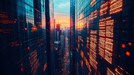 Futuristic financial district with towering skyscrapers and digital tickers