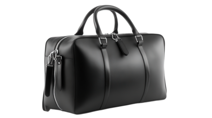Sleek black travel bag with chrome zippers Transparent background, PNG file