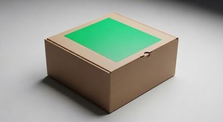 Isolated corrugated cardboard box with a vibrant green square for delivery mockup