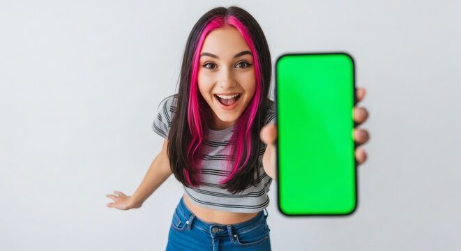 Excited young woman presenting a smartphone with a vibrant green screen display for mobile app - Powered by Adobe