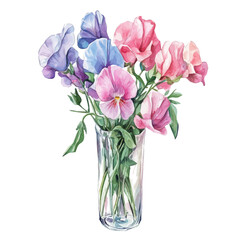 A Sweet Pea In A Vase, watercolor drawing vector, isolated on a white background.