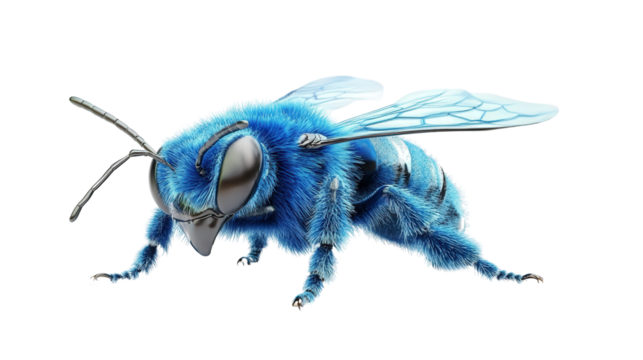 Small blue bee on landing pose Transparent background, PNG file