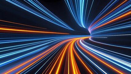 Abstract Tunnel of Light: A breathtaking abstract composition featuring a tunnel of dynamic light trails, with vibrant blue and orange hues, creates a sense of speed.