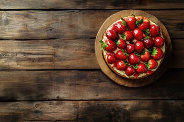 Strawberry cake on wooden board, bright red berries look delicious. Great for blog posts, recipes, or food-related advertisement design.