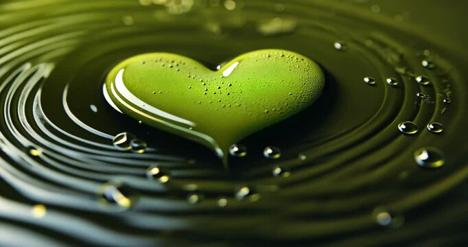 Green Heart Shape Floating on Water Surface with Ripples and Droplets Reflecting Light in Soft Focus