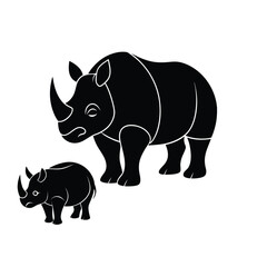 A black silhouette of a rhinoceros above a black outline drawing of a rhinoceros.