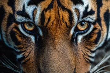 Close-up shot captures tiger's face, focusing amber eyes, striped fur, and whiskers. Ideal to convey concepts like power, focus, wildlife, or natural beauty.