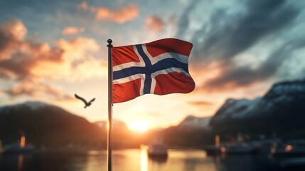 High-resolution Norway national flag fluttering on a pole with clouds and birds in the sky, focus on natural movement