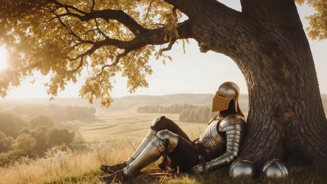 Knight in shining armor rests under a golden tree on a sunny day