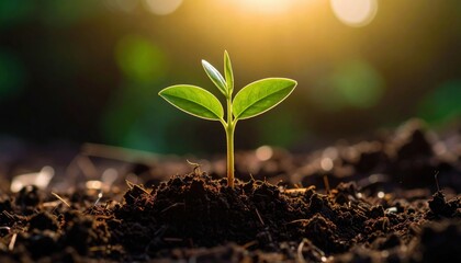 A vibrant sprout emerging from fertile soil, symbolizing growth and new beginnings in nature under warm sunlight.