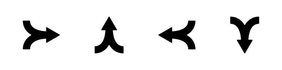 Merged directional arrows in black silhouette for navigation, choice, decision-making, and road merging concepts.