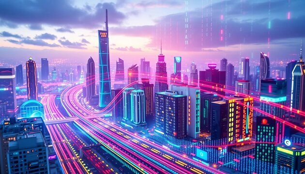 Abstract binary code streams flow through a futuristic cityscape, representing global data exchange,   cybersecurity,  exchange