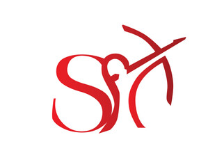 Elegant red monogram logos incorporating the Sagittarius archer zodiac symbol with stylized capital letters. Each design creatively blends the silhouette of a bow and arrow s