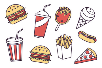 Fast Food Icon Set Vector Illustration of Burgers Fries Pizza and More
