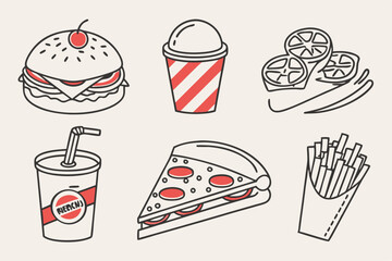 Fast Food Icon Set Vector Illustration of Popular Meals and Snacks