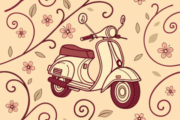 Seamless Pattern with Vintage Scooters Hand Drawn Style Retro Transportation Design