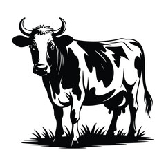 A black and white illustration of a dairy cow with horns, standing in grass.