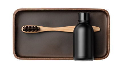 Minimalistic Black Bathroom Essentials Set on Wooden Tray on Transparent Background
