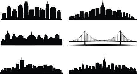 Obraz premium Set of black city skyline silhouettes with famous buildings and bridge