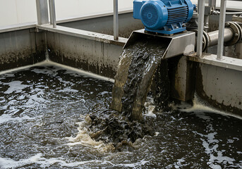 Industrial Wastewater Treatment Plant: Close-up of Sludge Discharge into a Treatment Tank