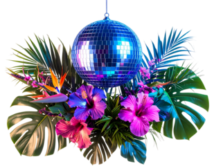 Retro Disco Ball Hanging Above Tropical Flower Arrangement, Neon Lights, PNG Transparent