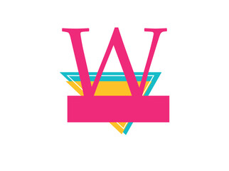 Bold and colorful retro-style monogram logos featuring capital letters (A–Z) over a layered triangle backdrop in vibrant neon colors (cyan, yellow, and magenta). Inspired by 1980s aesthetics, w